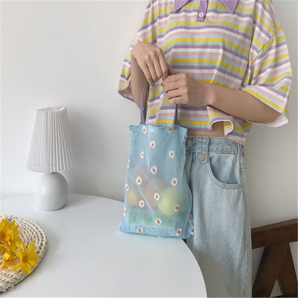 1PC Embroidered Portable Shopping Bag Mesh Small Daisies Beach Wind Translucent Mesh Bag Small Bag 3D No Zipper