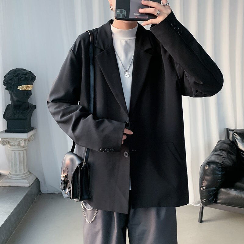 Korean Style Blazer Men's Solid Color Business Casual Suit Jacket Men Streetwear Wild Loose Dress Jackets Mens M-2XL