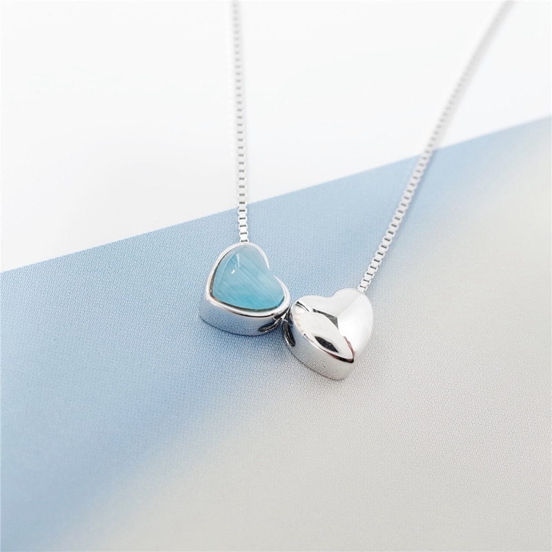 925 Sterling Silver Love Heart Hangers Hart Vormige Ketting Blue Cat 'S Eye Stone Ingelegd Double Heart Vrouwen 'S Ketting