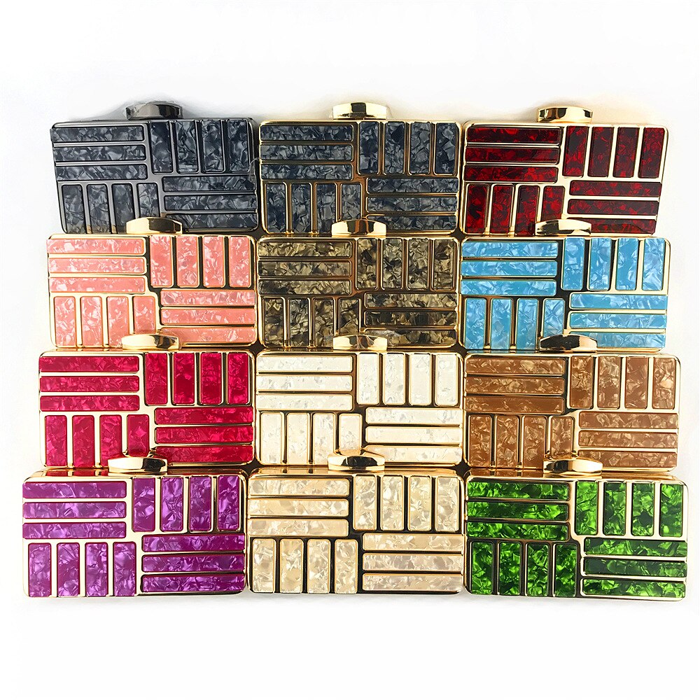 Color Bar Acrylic Evening Bag Crossbody Clutch Purse Rectangle Flap Handbag Box Shining Metal Frame for Party Lady Banquet Club