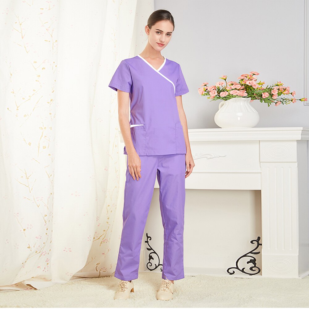Travailleur des services de santé travail Scrubs uniforme femmes beauté et santé gommages ensemble à manches courtes Spa uniforme laboratoire manteaux vêtements de travail vêtements: VIOLET / M