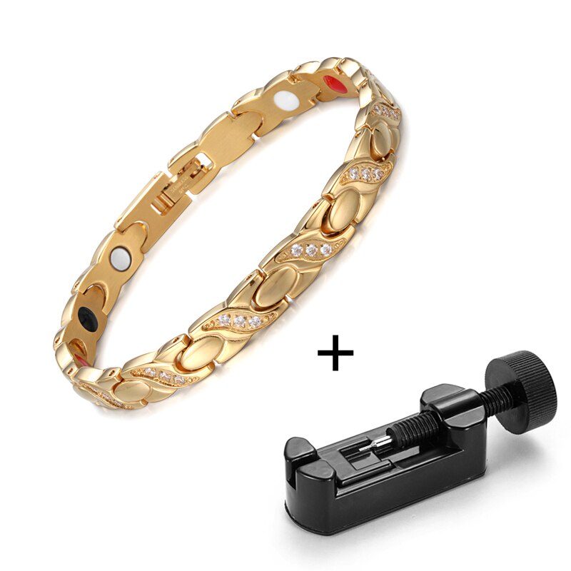 Rainso rustfrit stål magnetiske kvinder armbånd terapi smykker guld link kæde med bio elementer charm armbånd: Guld med justering