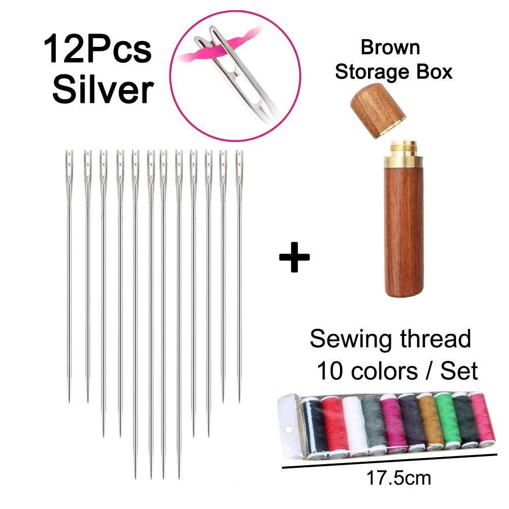 12Pcs/set Elderly Stainless Steel Needle-side Hole Blind Needle Household Sewing Hand Sewing Needles Threading Apparel Sewing: Silver B Set  3