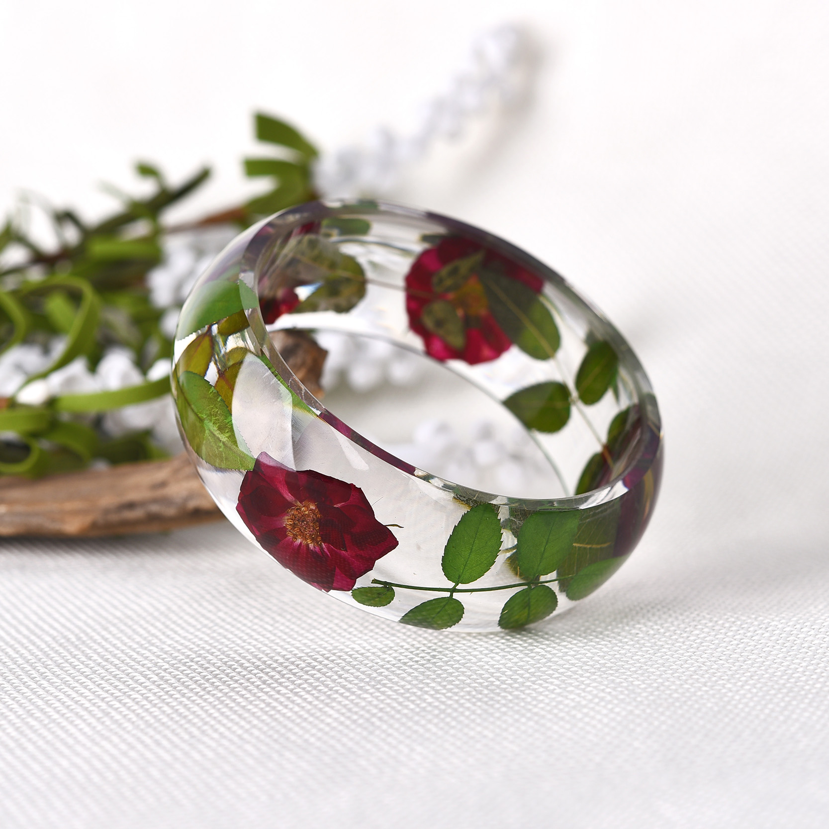 , brazalete de rosa de resina a la , pulsera de hoja verde, pulsera hecha a mano con flores secas reales, joyería transparente para niñas