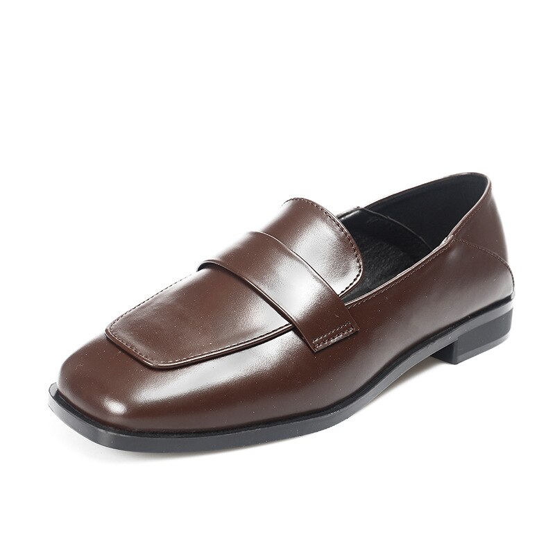 Britisk firkantet tå oxford sko kvinde kortfattet læder bælte derby sko 41-43 stor størrelse retro brogues kvinder små læder sko: Rødbrun / 6.5