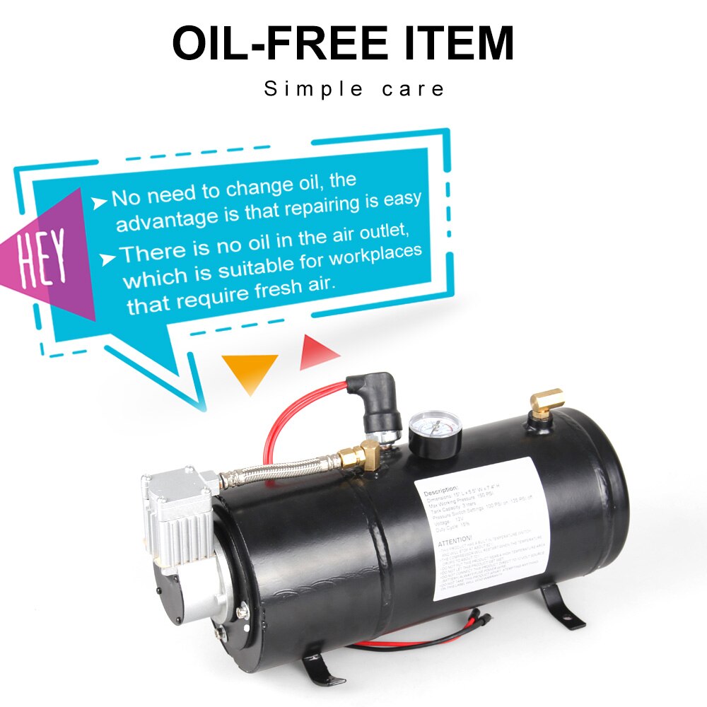 12v Air Compressor with 3 Liter Tank for Air Horn Train Truck RV Pickup 125 PSI OT200-BK
