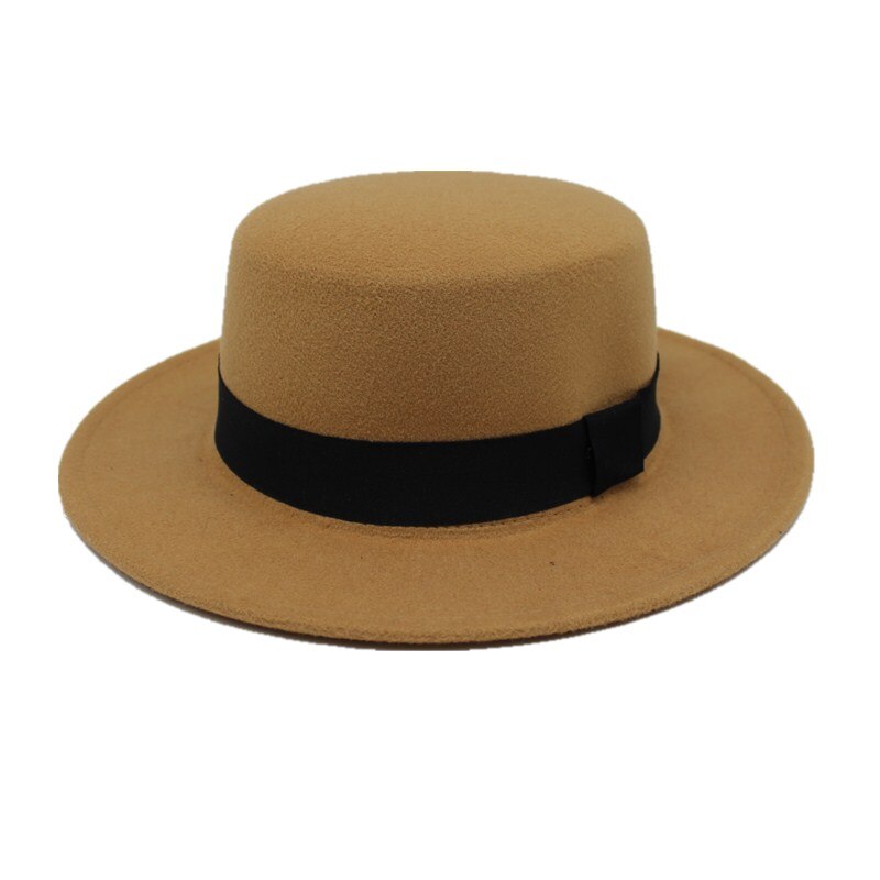 Seioum Brand Wool Boater Flat Top Hat For Women's Felt Wide Brim Fedora Hat Laday Prok Pie Chapeu de Feltro Bowler Gambler Top H: Camel