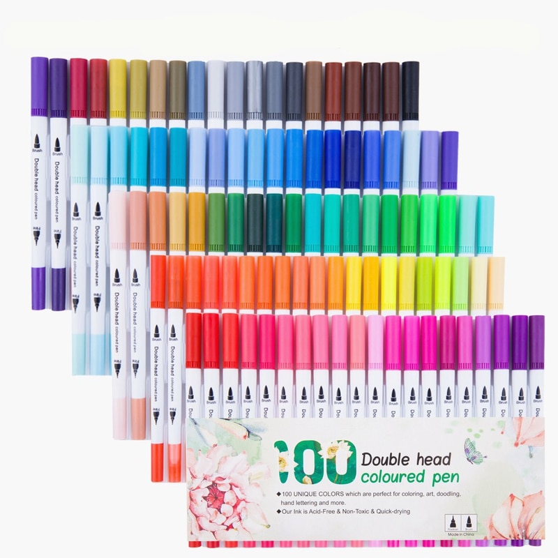 24/36/48/60/80/100 stk farver kunstmarkører fin liner dobbelt tip børste markør pen sæt til voksen tegning kalligrafi