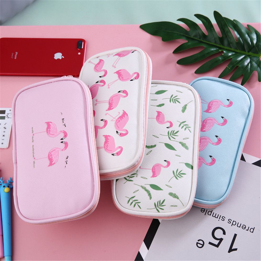 Tegneserie flamingo penalhus pu stor kapacitet lynlås blyantboks bærbar opbevaringspose kawaii papirvarer studerende pen taske