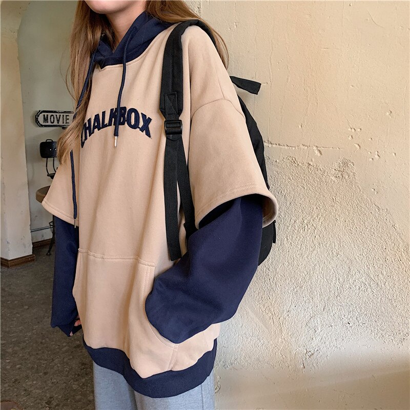 Hoodies Women Aesthetic Thicker Korean BF Ulzzang Embroidery Letter Long Loose Pullovers Hooded Warm Students Daily Womens