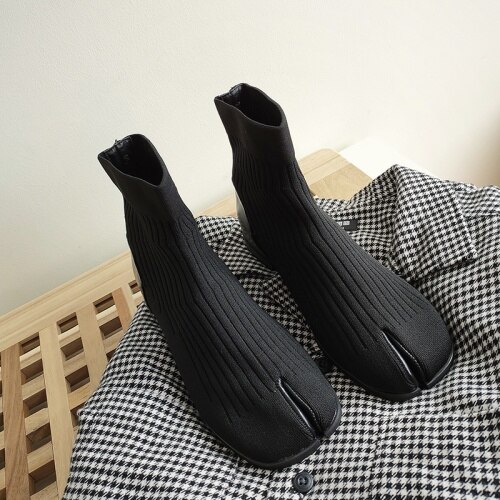 Womens Ankle Boots Split Toe Japanese Ninja Shoes Clip Toe Knitted Stretchy Low Top 2Colors V008: Black / 35