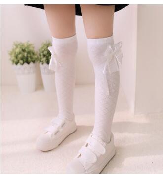 Chaussettes hautes en coton pour enfants, motif dessin animé, imprimé chat, renard: White bow side