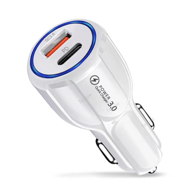 100w usb billaddare snabbladdning  qc3.0 pd typ c snabb bil usb laddare för iphone xiaomi samsung mobiltelefon bil usbc laddning: Vit