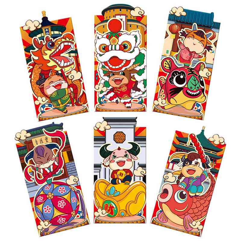 Cartoon Rode Envelop Jaar Drie-Dimensionale Speciale-Vormige Rode Envelop Tas Lucky Seal Rode Pakketten 6 stuks: Default Title