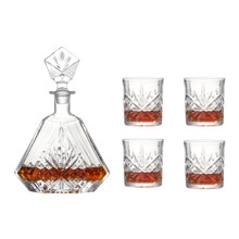 Old grooved machine made glass whiskey decanter & whisky glasses set for brandy whisky with stainless steel ice cube