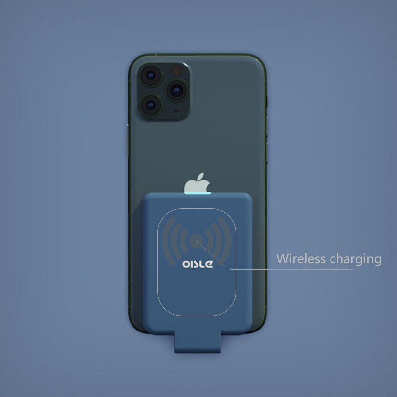 Oisle mini clipe de volta bateria para iphone 12 11x7 8 6 plus se xs max xr se2 magro backup externo caso carregador de bateria power bank: 282X-Wireless-Blue