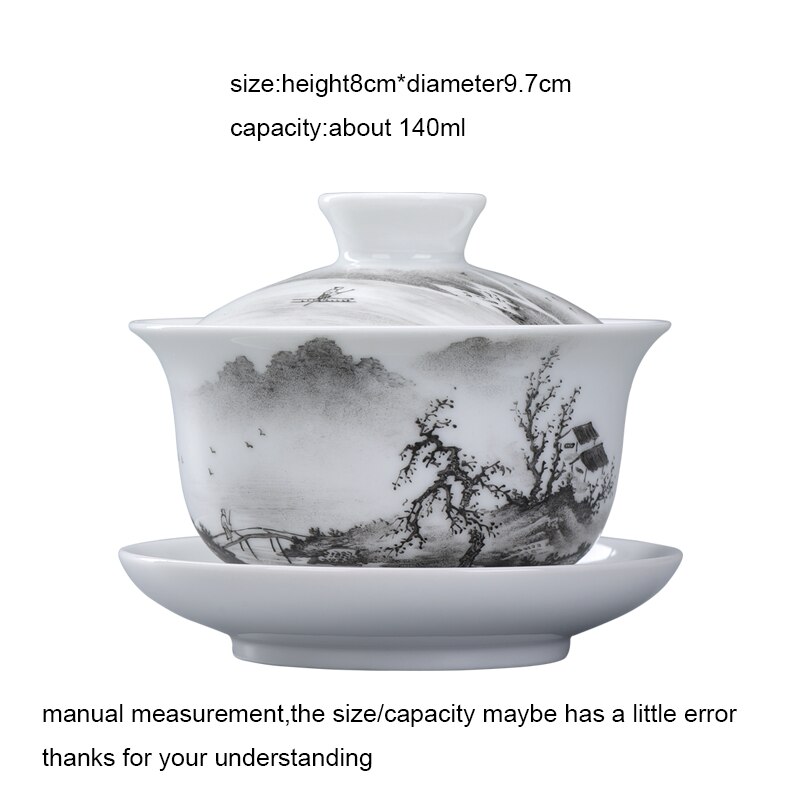 140 ml Jingdezhen Gaiwan Hand Geschilderd Landschap Patroon Porselein Drinkware Master Thee Kom Theeceremonie Decoratie Collectie