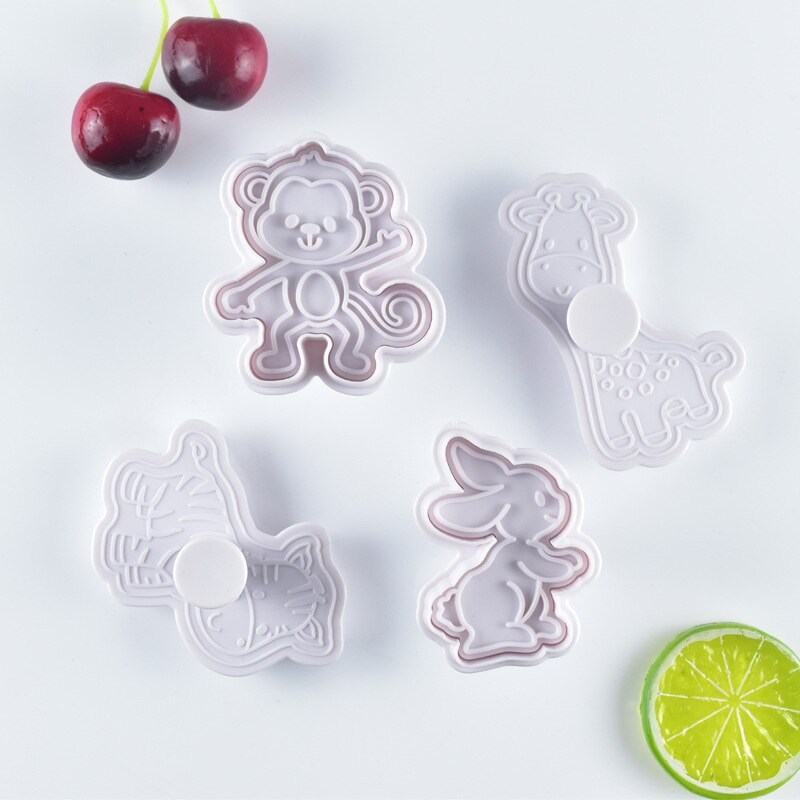 4Pcs/Set Animal Series Plastic Biscuit Spring Cookie Mold Elephant Lion Bear Plunger Paste Sugar Craft Die Biscuits Baking Tools