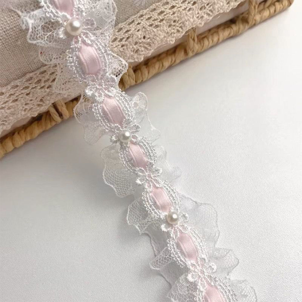 1 yarda de encaje de tul de Lolita, adornos con volantes, ribete de tela, cinta de satén, ropa para muñecas DIY, cortina, decoración de muebles, 3,5 cm de ancho: Rosa
