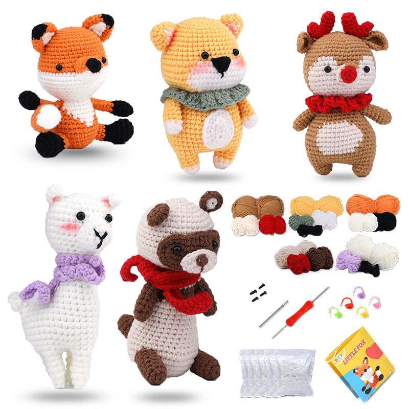 Kraball kit de animais de crochê para iniciantes com tutorial de vídeo, fio de tricô de algodão, agulhas, gancho, conjunto de ferramentas de malha, artesanato diy