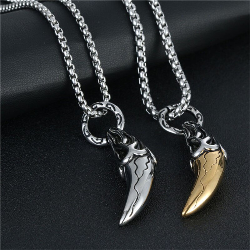 Trend Wolf Tooth Pendant Necklace for Men Stainless Steel Gold Beaded Chains Necklace Charms Jewelry