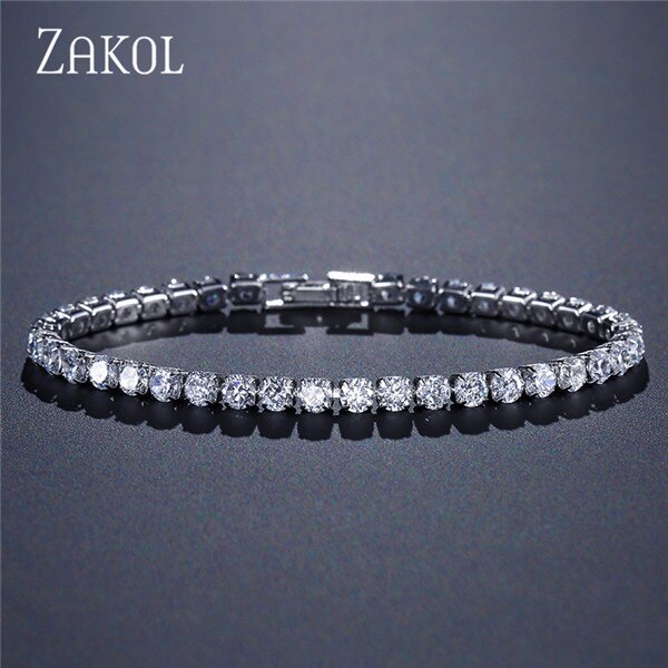ZAKOL Hip Zirconia cúbica redonda cristal tenis pulsera y brazaletes para mujeres boda joyería Mujer FSBP171: white Color 4mm