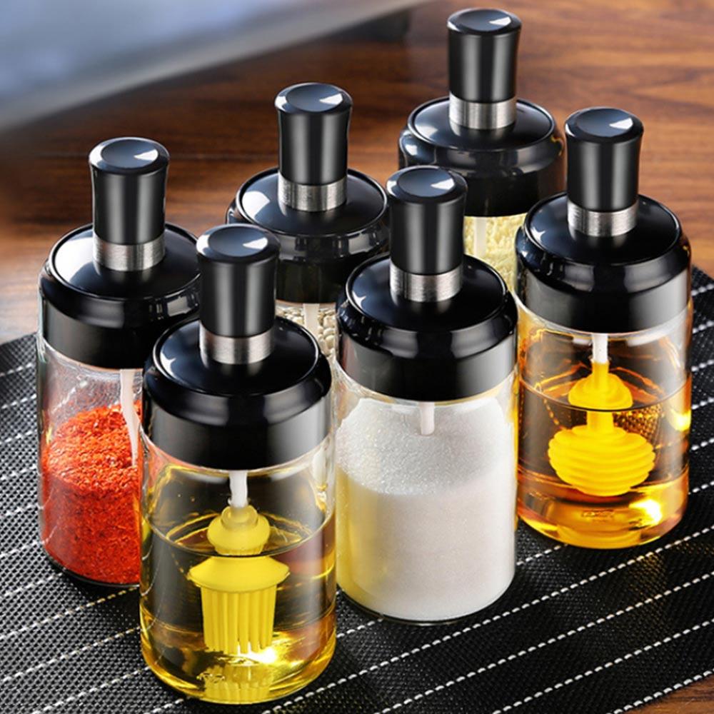 with Spoon Glass Storage Containers Condiment Pot Seasoning Bottles Oil Brush Bottle Spice Jar Leakproof Liquid Container