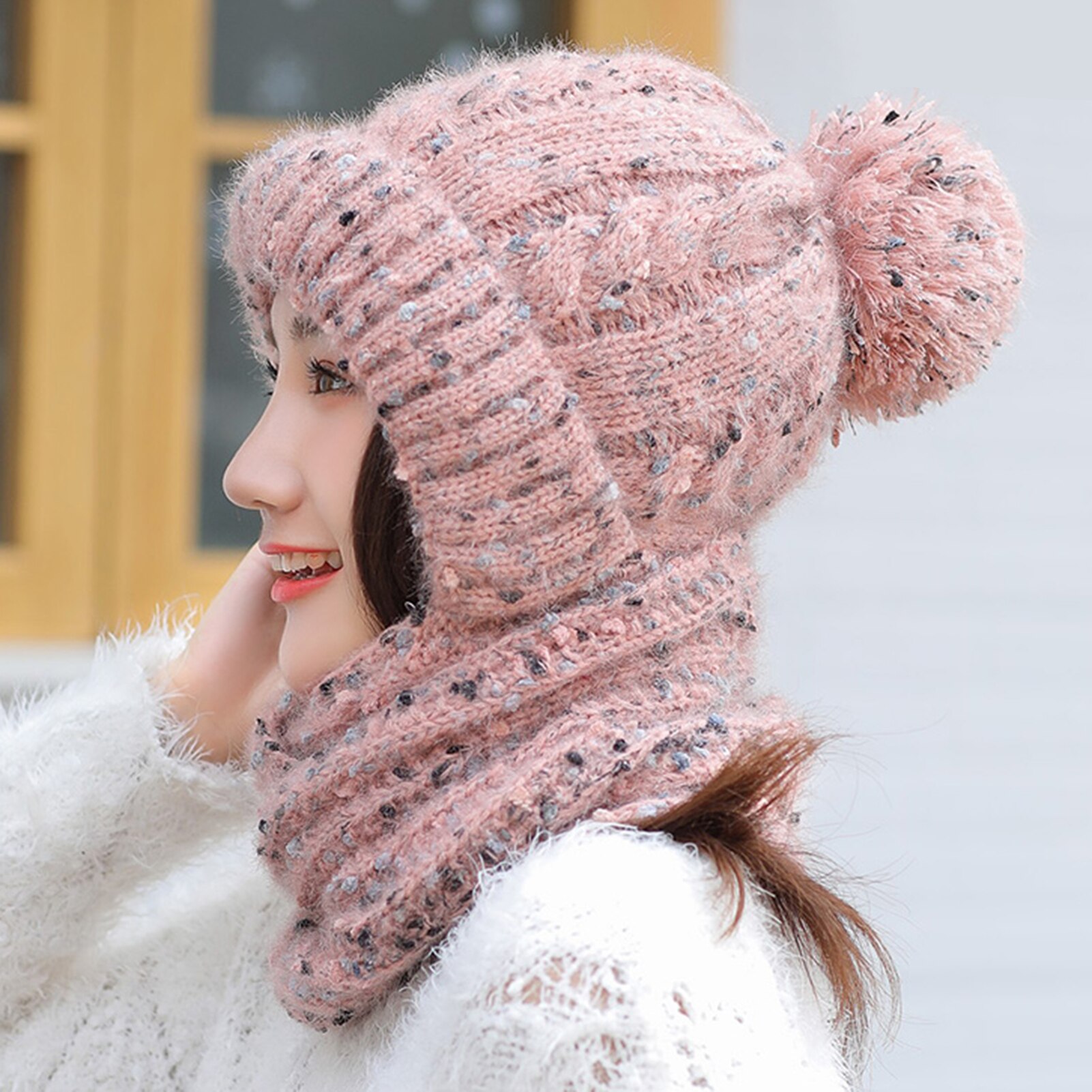 Korean-Style Women Autumn Winter Skullies Beanies Girls Soft Warm Woolen Knitted Circle Loop Scarf Cap Ladies ourdoor sports Hat