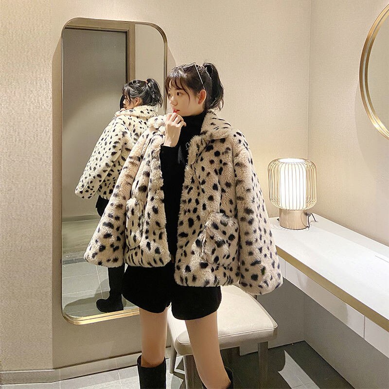 Casual Streetwear Leopard Print Faux Lamb Wool Coats Autumn Winter Loose Hip Hop Oversize Thicken Warm Jacket Women Outerwear