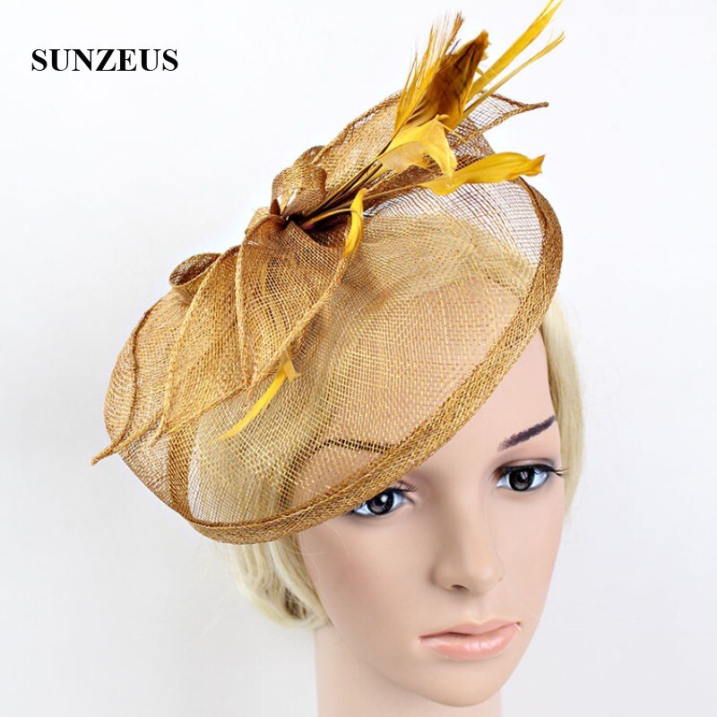 Sombreros y tocadores de boda con plumas de lino, sombreros de novia elegantes de Color dorado, sombrero de mujer, accesorios para el cabello SH13