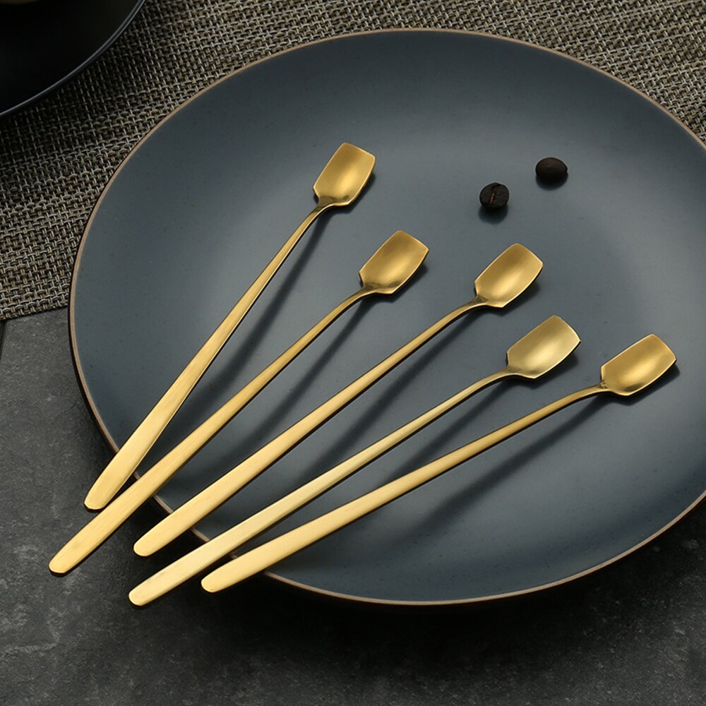 Cuchara de café dorada de acero inoxidable para postre, utensilios para beber con mango largo, utensilio de cocina, cuchara de café de