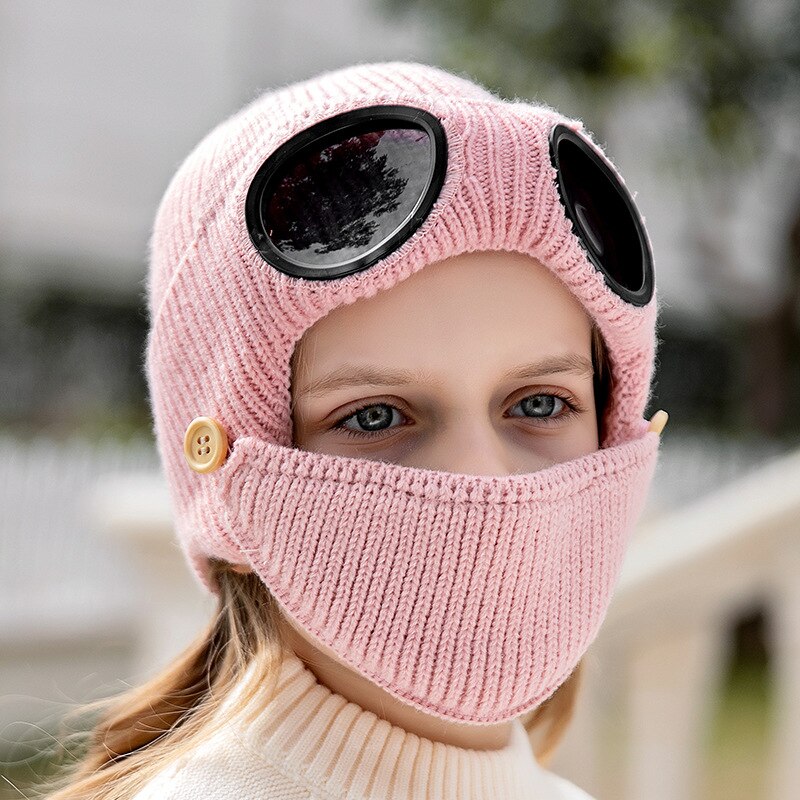 Art 2 in 1 Rippen betroffen Mütze Hütte Mund Maske einstellen Winter Warme Winddicht Schnee Gefesselt Earflap Kappe mit Brille brille: Rosa
