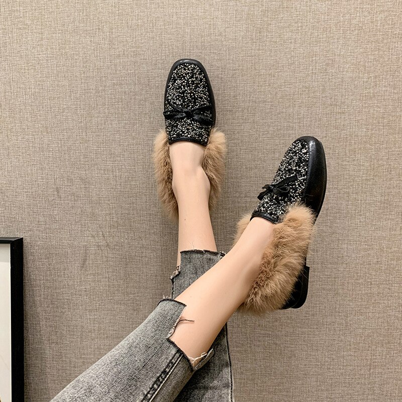 Mocasines de piel con nudo Lazo de cristal para mujer, zapatos informales con punta redonda, suaves, con diamantes de imitación y mariposas