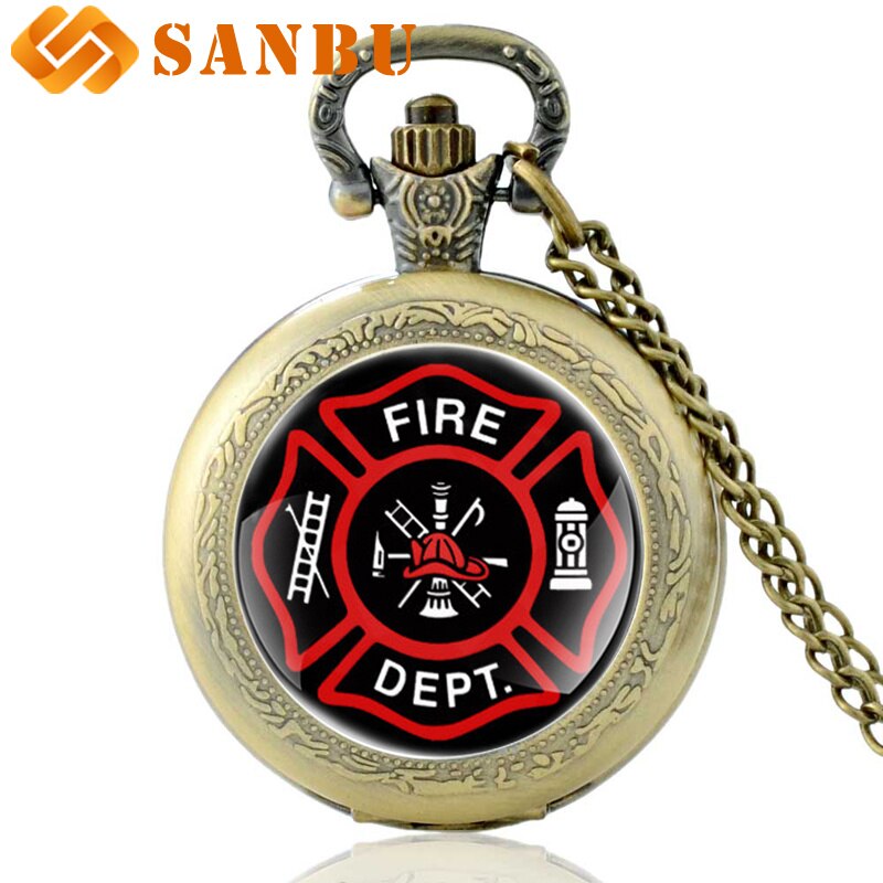 Vintage amerikanske brandmænd kontrol glas cabochon kvarts lommeur sort halskæde vedhæng ure