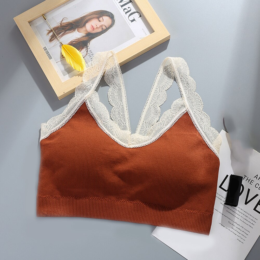 Tops Women 2022 Sexy Crop Top Feamle Push Up Bra Seamless Sports Lingeire Lace Bras Solid Wireless Bralette Tube Camis Top Tank: Caramel