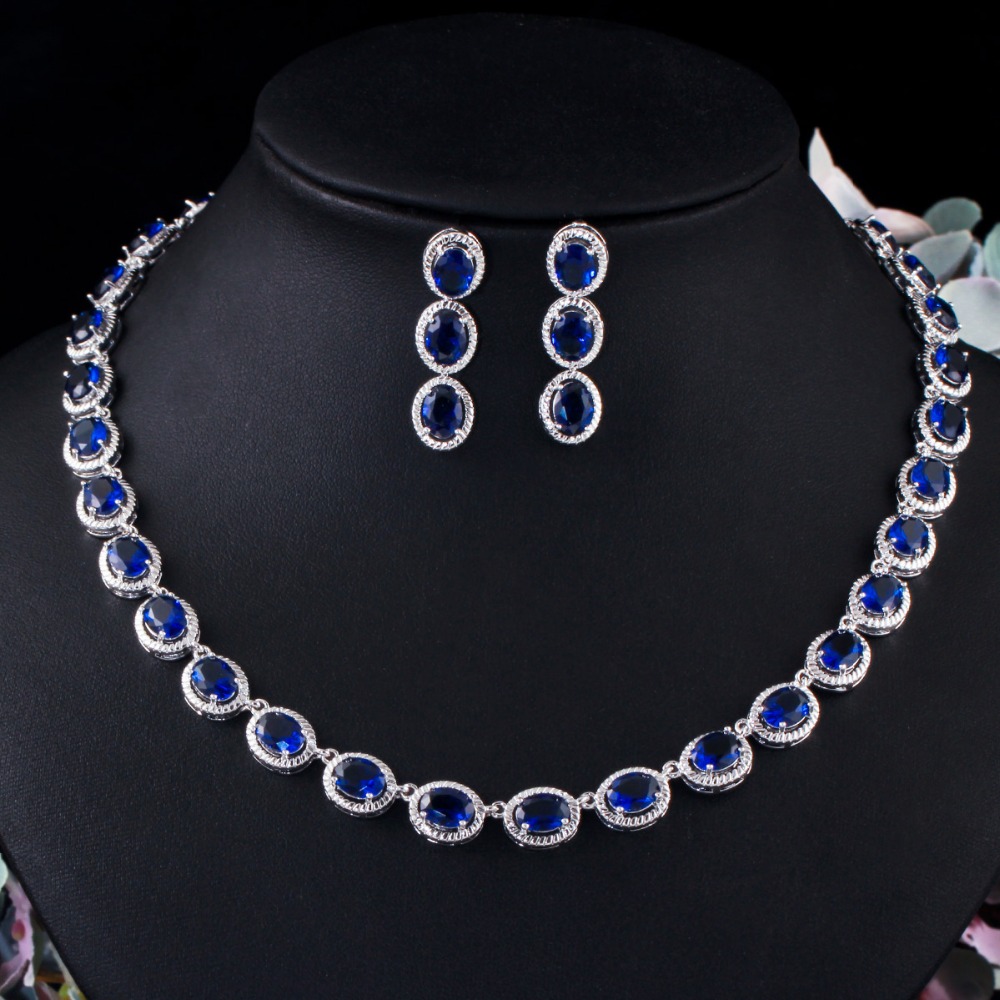 Cwwzircons Wit Goud Kleur Ronde Royal Blue Cubic Zirkoonkristal Grote Ketting En Oorbellen Sieraden Sets Voor Vrouwen Bruiloft T481