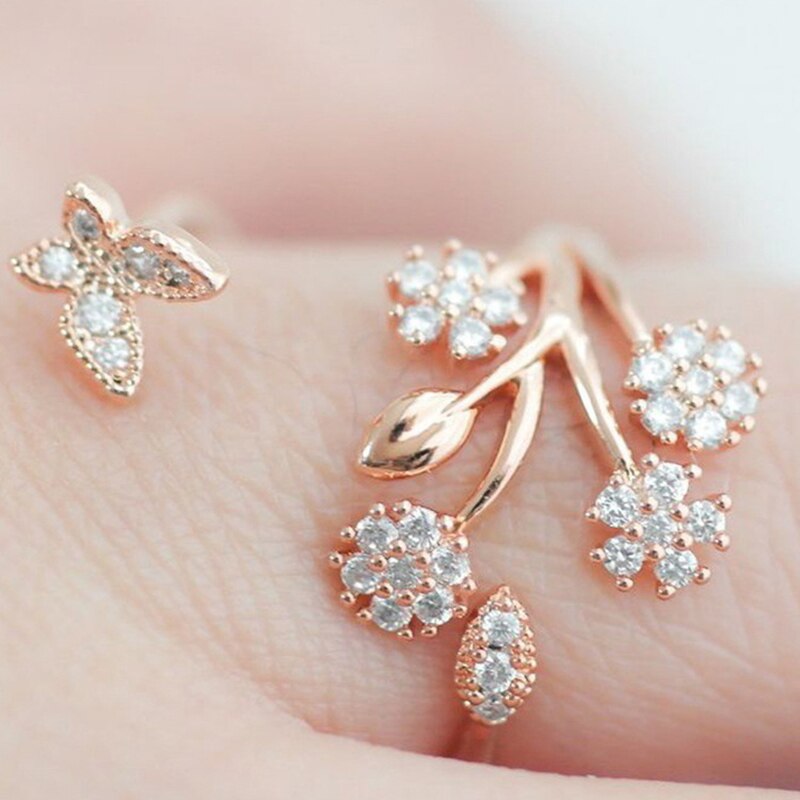 Luxury Crystal Butterfly Tree Leaf Wedding Rings for Women Engagement Jewelry White Crystal Open Adjustable Finger Ring