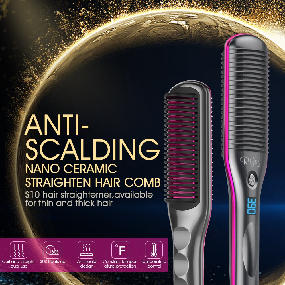 Hair Straightener Brush, Rifny Heated Straightening Comb with Anti Scald Auto Temperature Lock , 30S Fast Ceramic Heating