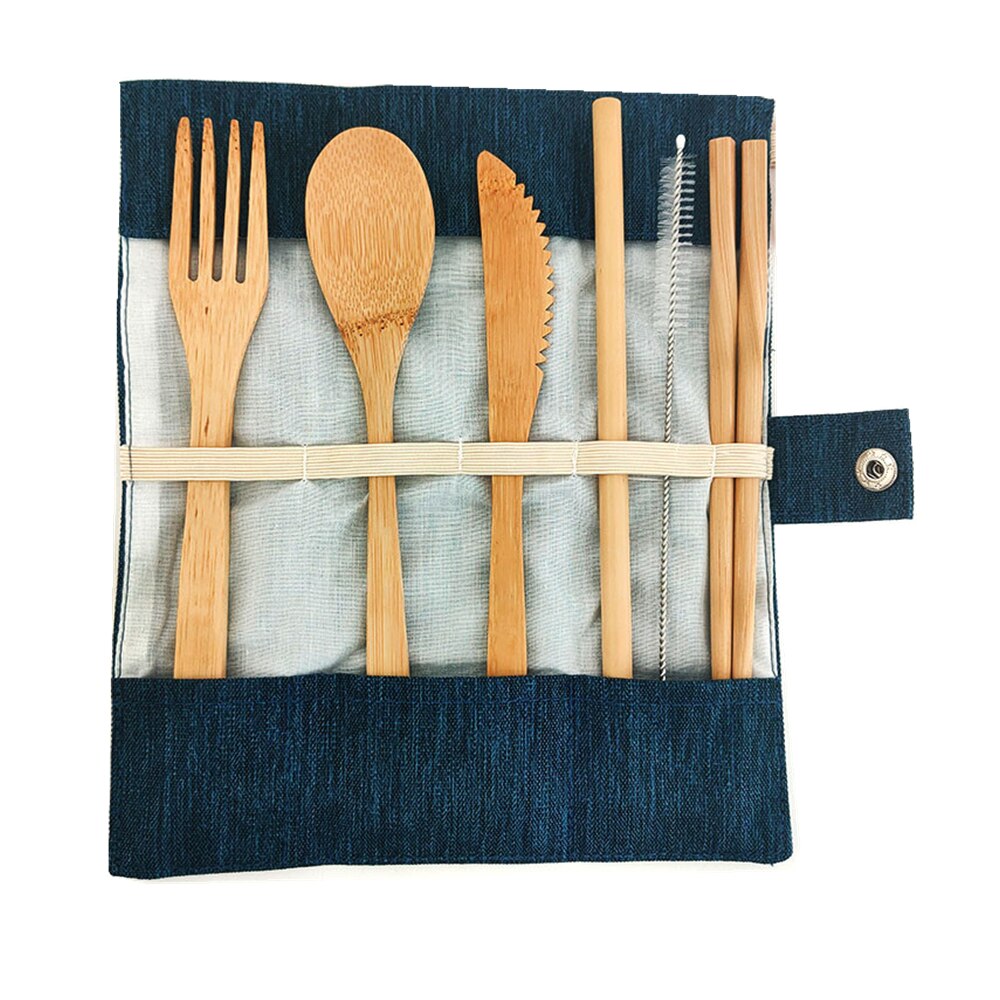 Eco Friendly Bamboo Cutlery Set of Wooden Utensils with Reusable Bamboo Spoon, Fork, Knife,and Reusable Straw Cleaner For Travel: 1224-blue-1