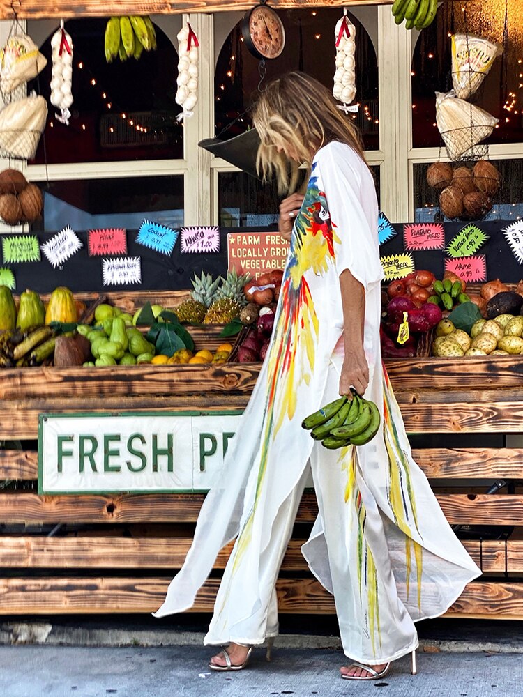 Bohemisk klänning chiffong bikini cover up kaftan vit klänning plus size kimono strandkläder tryck tunika för strand baddräkt cover up