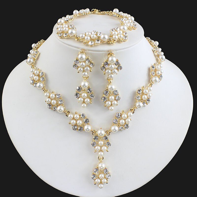 Jiayijiaduo Imitação pearl jewelry set 3 ps para as mulheres de noiva acessórios do casamento colar brincos de ouro-cor pulseira de presente: 2