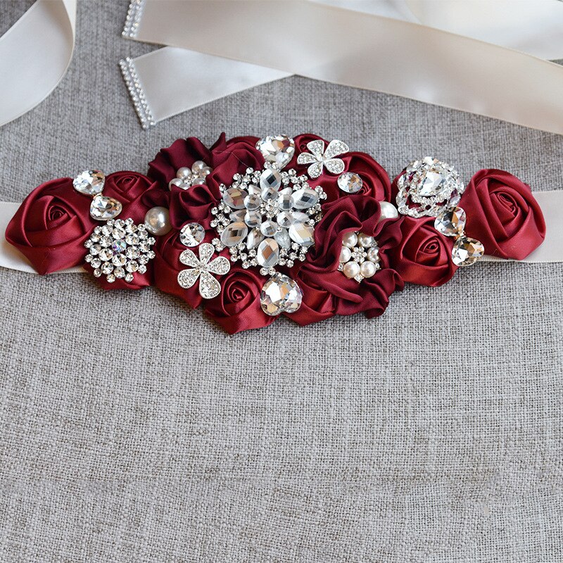 JaneVini-cinturones para boda con abalorios, con flores, Burdeos, satén, rosas, boda, cinturón con cristales, cintas de banda de diamantes de imitación,