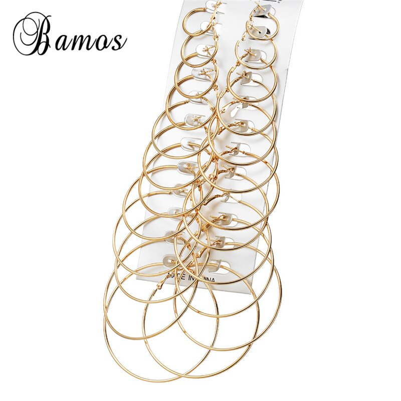 Bamos 12 Pair/Set Gold Color Hoop Earrings For Women Girls Simple Big Circle Double Sided Earrings Statement Jewelry