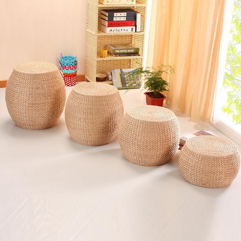 Naturligt halm håndlavet pude stue rund tatami træ skift sko afføring lille sofabord træbænk