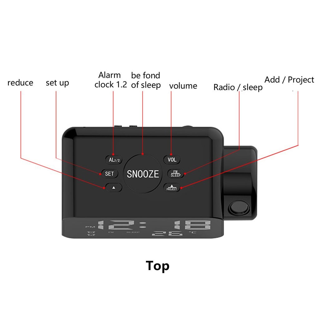 Multifunctionele Led Projectie Klok Grote Snooze Knop Met Temperatuur Display 12/24 Uur Fm Radio Thuis Wekker