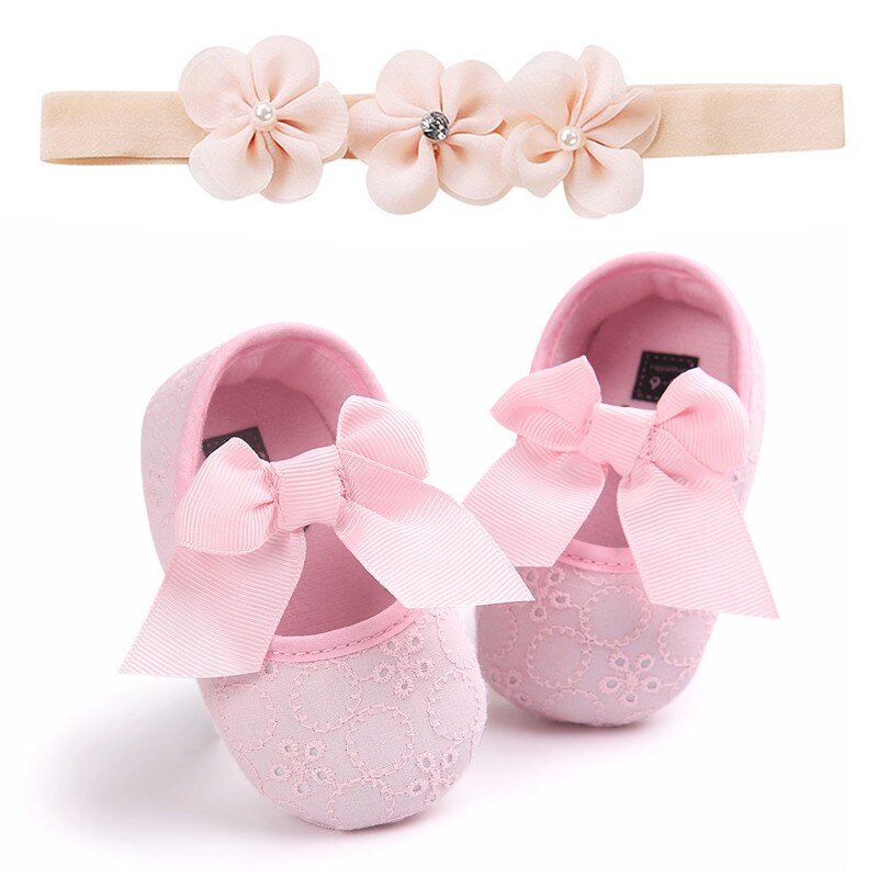 Gloednieuwe Peuter Kids Baby Meisjes Jongens Strik Schoenen + Hoofdband 2 Stuks Lace Bloemen Zachte Schoenen Lente Eerste wandelaars 0-18M: Roze / 13-18 months