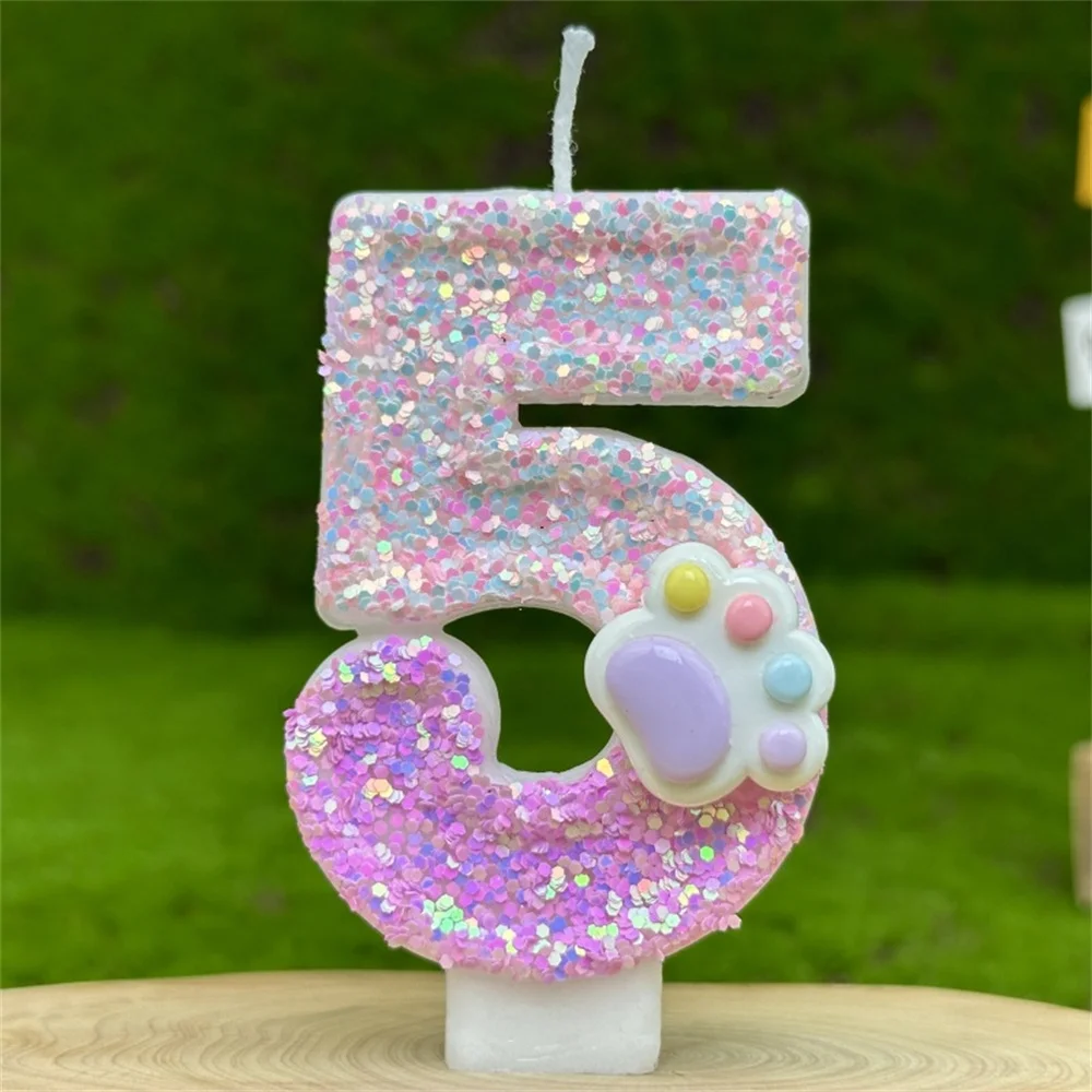 3D Number Candles Cake Decorating Glitter Pink Claw Theme Number Candles Cake Topper Birthday Party Cake Decoration: cream