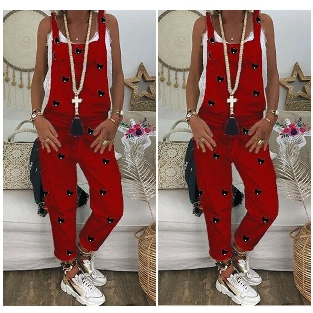 3 farver seneste ankomne kvinders afslappet printet strappy baggy løs jumpsuit kvindelig sommer ærmeløs harem lang playsuit s -2xl: Rød / Xxl