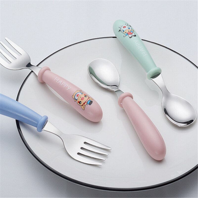 Nordic Baby Tableware Set Children Utensil Stainless Steel Toddler Dinnerware Cutlery Cartoon Infant Food Feeding Spoon Fork
