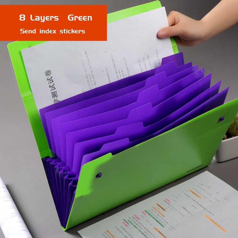 Papirvarer og plast multi-lags stor kapacitet 8-- lags orgeltaske bærbar studenteropbevaringspose-filmappe: Grøn